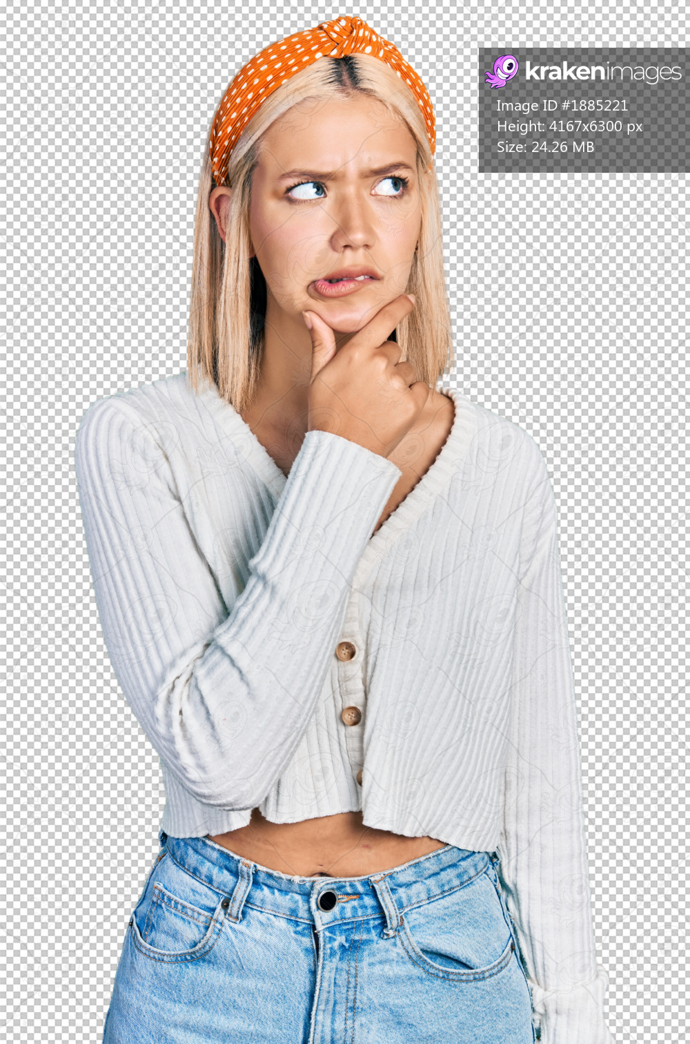 Beautiful young blonde woman wearing casual white sweater thinking worried about a question, concerned and nervous with hand on chin