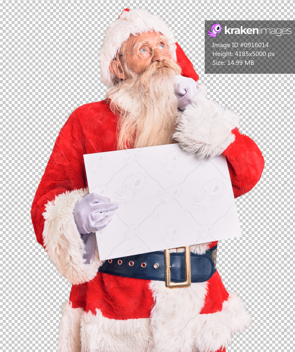 Old senior man with grey hair and long beard wearing santa claus costume holding banner serious face thinking about question with hand on chin, thoughtful about confusing idea