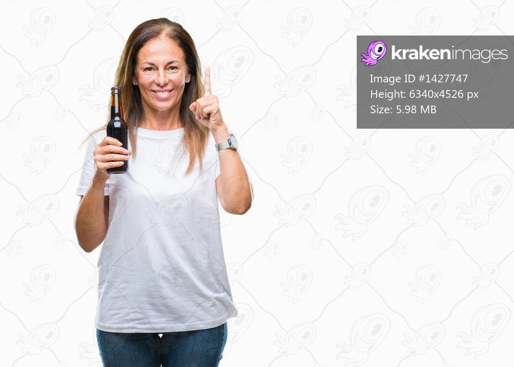 Middle age hispanic woman drinking beer over isolated background surprised with an idea or question pointing finger with happy face, number one