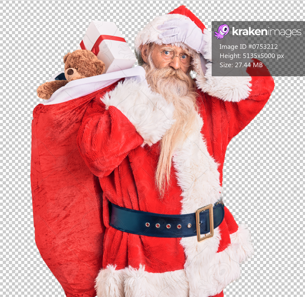 Old senior man with grey hair and long beard wearing santa claus costume holding bag with presents stressed and frustrated with hand on head, surprised and angry face