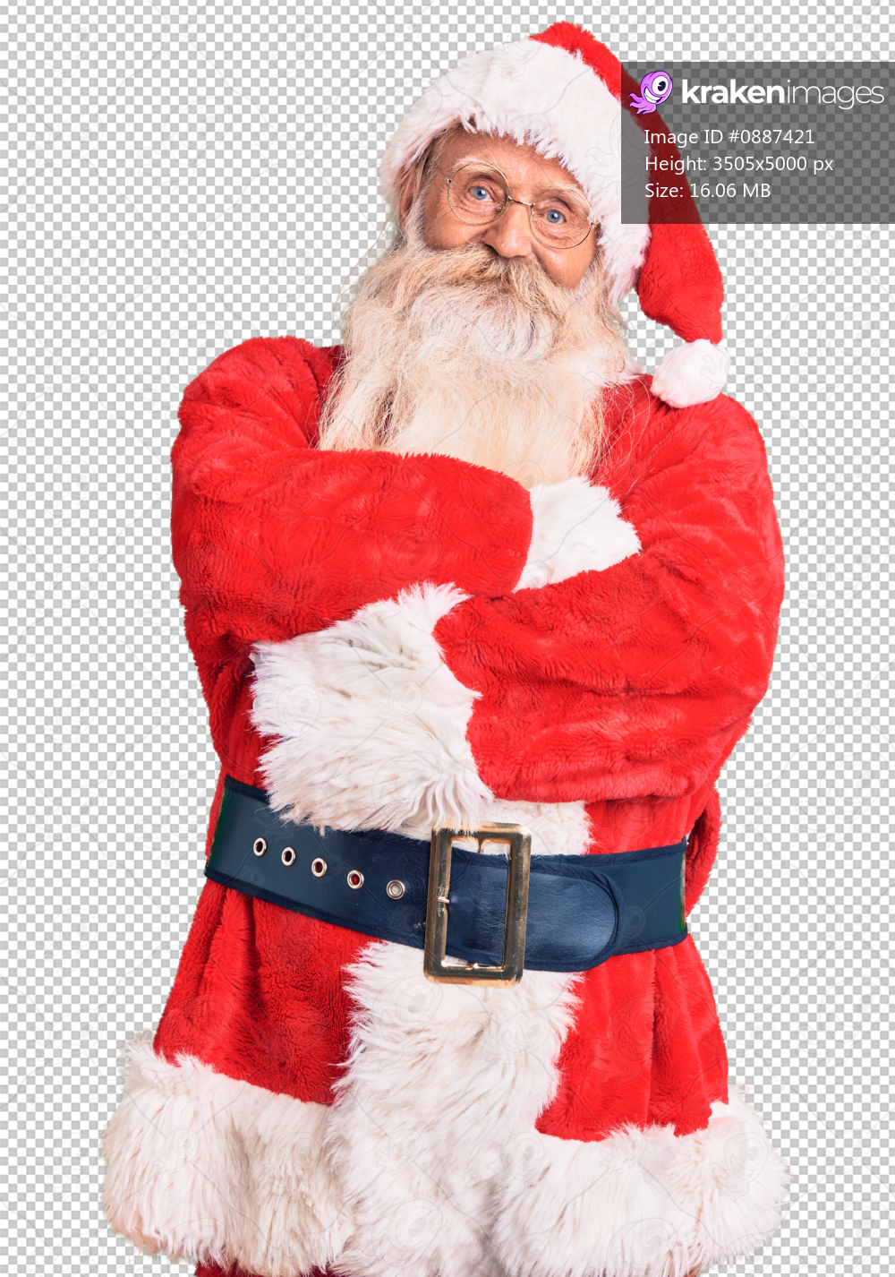 Old senior man with grey hair and long beard wearing traditional santa claus costume happy face smiling with crossed arms looking at the camera. positive person.