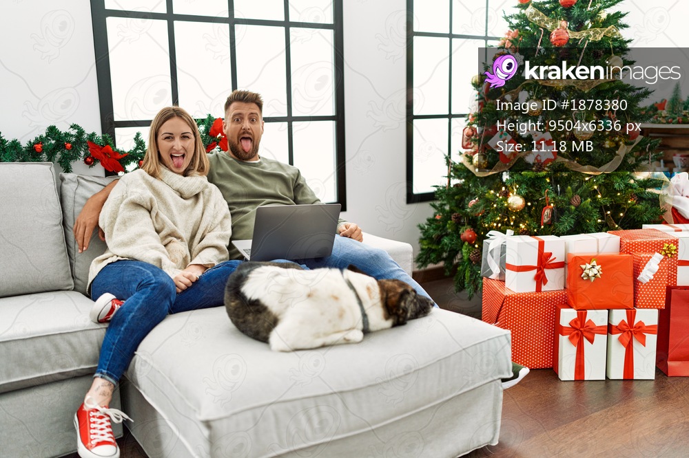 Young couple using laptop sitting by christmas tree sticking tongue out happy with funny expression. emotion concept. 