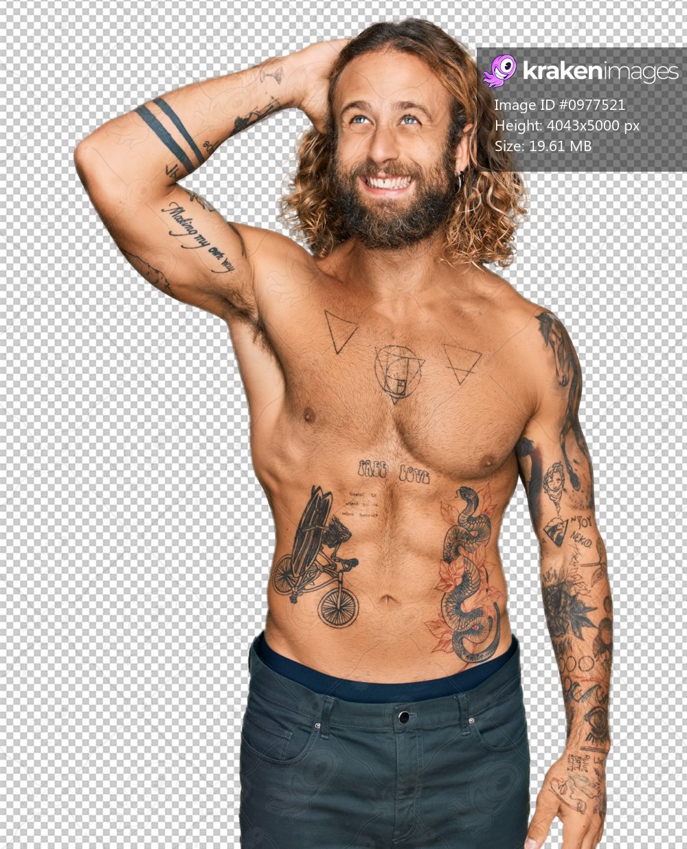 Handsome man with beard and long hair standing shirtless showing tattoos  smiling confident touching hair with hand up gesture, posing attractive and  fashionable - Kraken Images