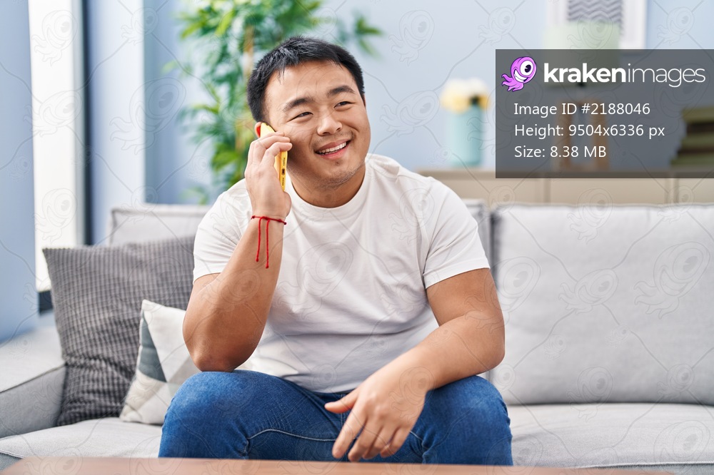 Young chinese man talking on the smartphone sitting on sofa at home