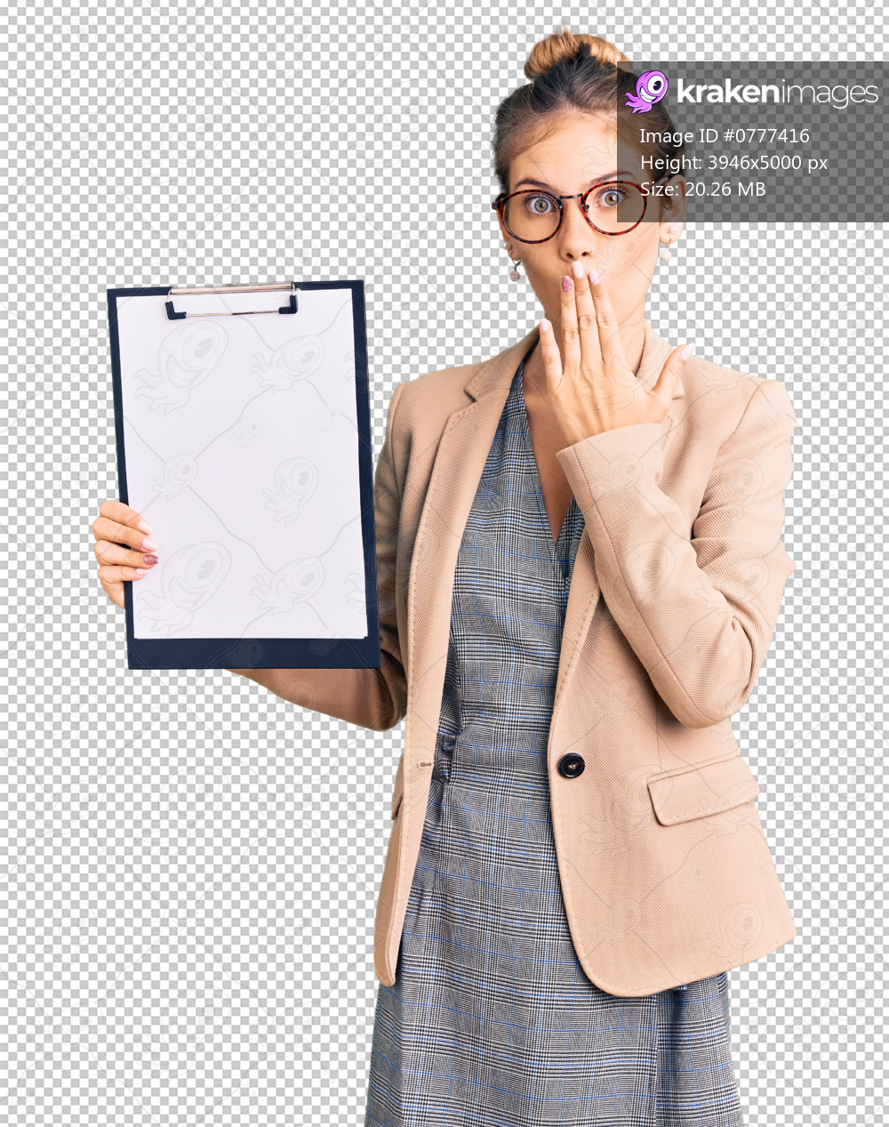Beautiful caucasian woman with blonde hair holding clipboard with blank space covering mouth with hand, shocked and afraid for mistake. surprised expression