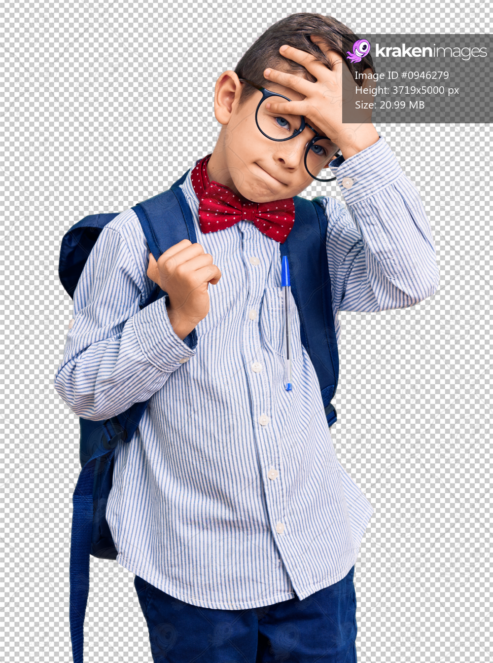 Cute blond kid wearing nerd bow tie and backpack stressed and frustrated with hand on head, surprised and angry face