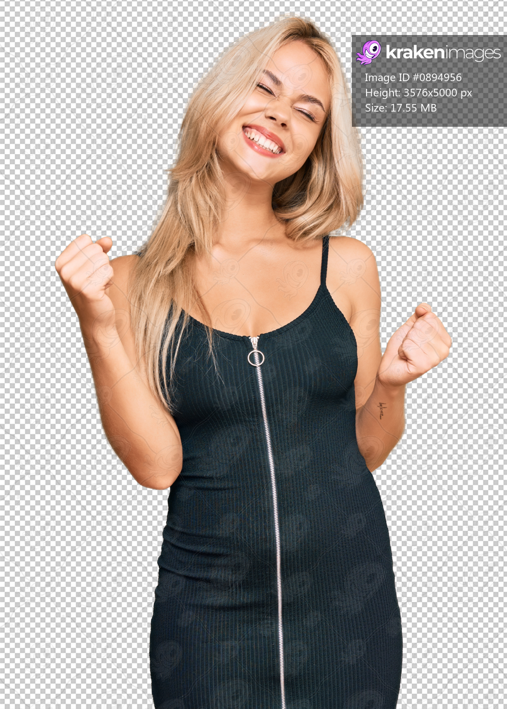Young blonde girl wearing elegant and sexy look very happy and excited doing winner gesture with arms raised, smiling and screaming for success. celebration concept.