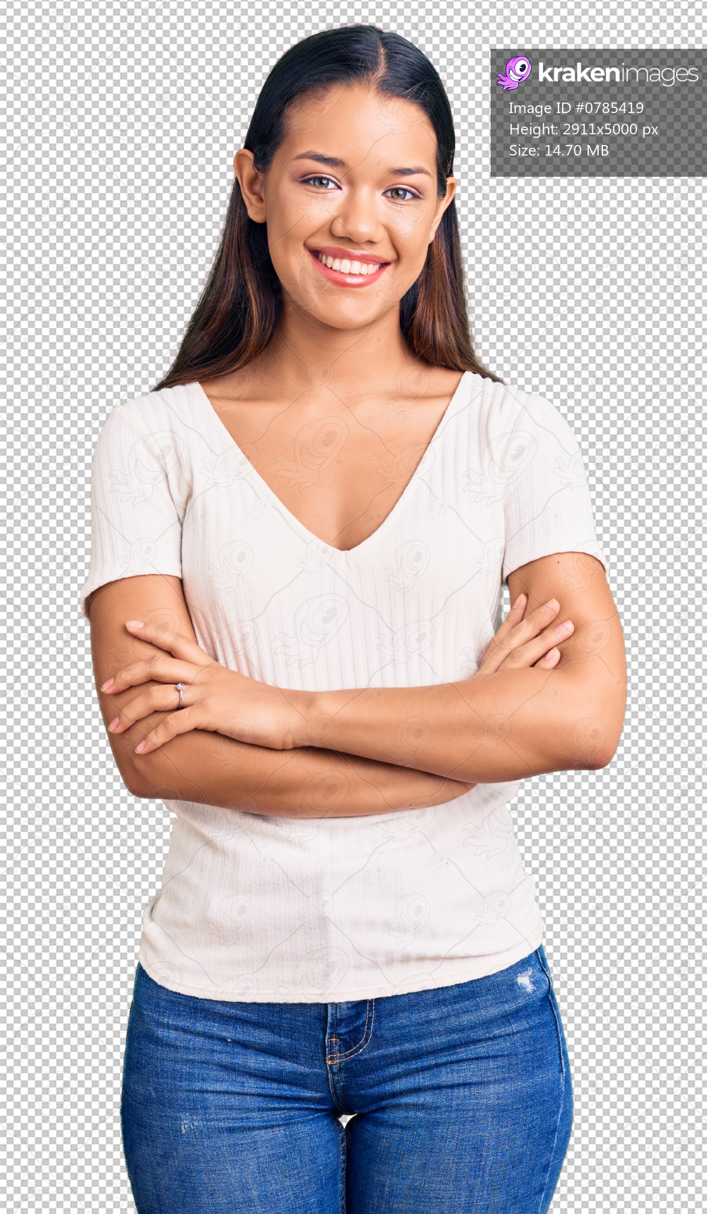 Young beautiful latin girl wearing casual white t shirt happy face smiling with crossed arms looking at the camera. positive person.