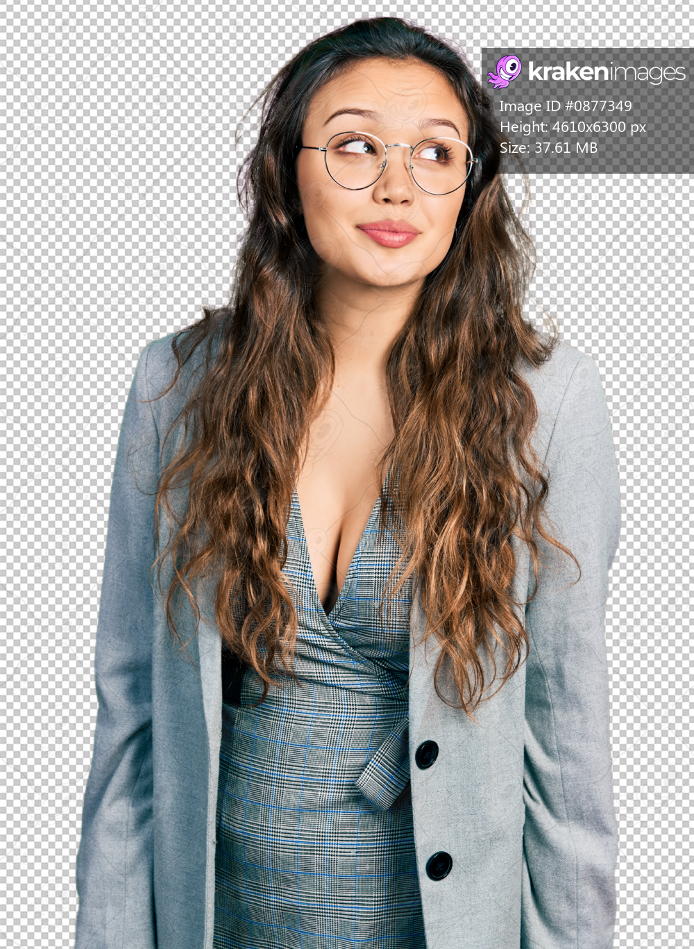 Young hispanic girl wearing business clothes and glasses smiling looking to the side and staring away thinking.