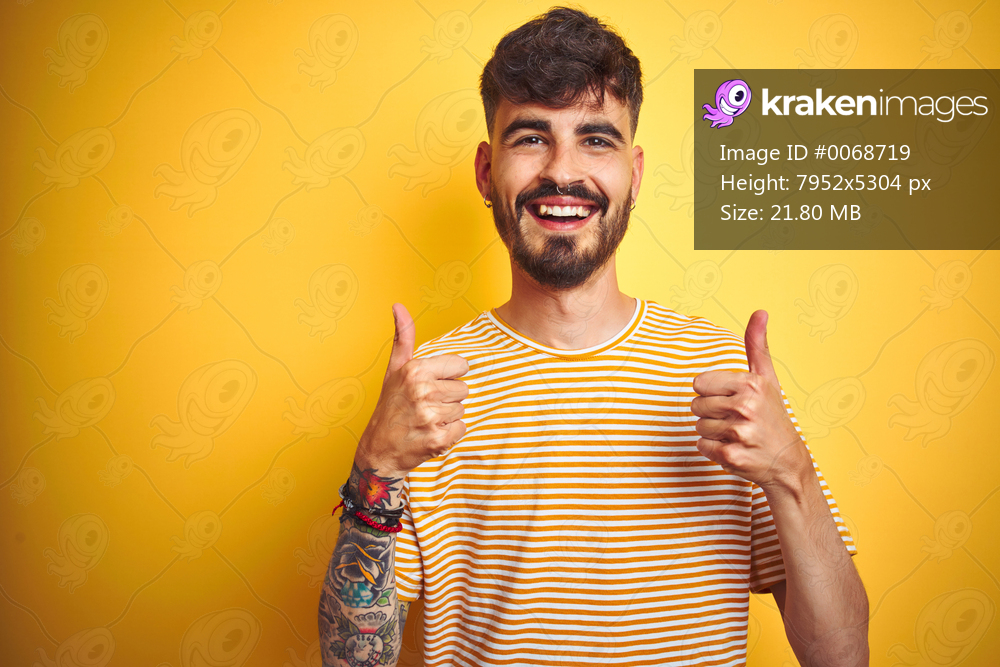 Young man with tattoo wearing striped t-shirt standing over isolated yellow background success sign doing positive gesture with hand, thumbs up smiling and happy. Cheerful expression and winner gesture.