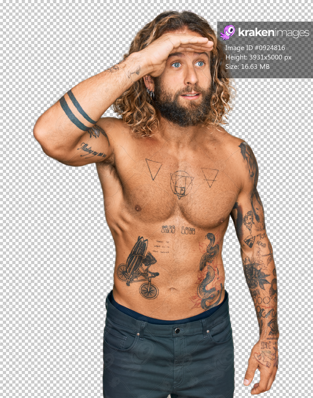 Handsome man with beard and long hair standing shirtless showing tattoos  very happy and smiling looking far away with hand over head searching  concept  Kraken Images