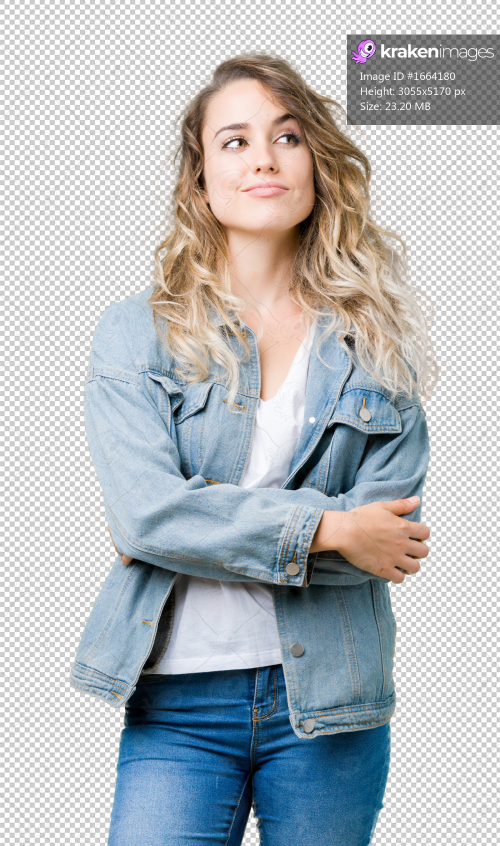 Beautiful young blonde woman wearing denim jacket over isolated background smiling looking side and staring away thinking.