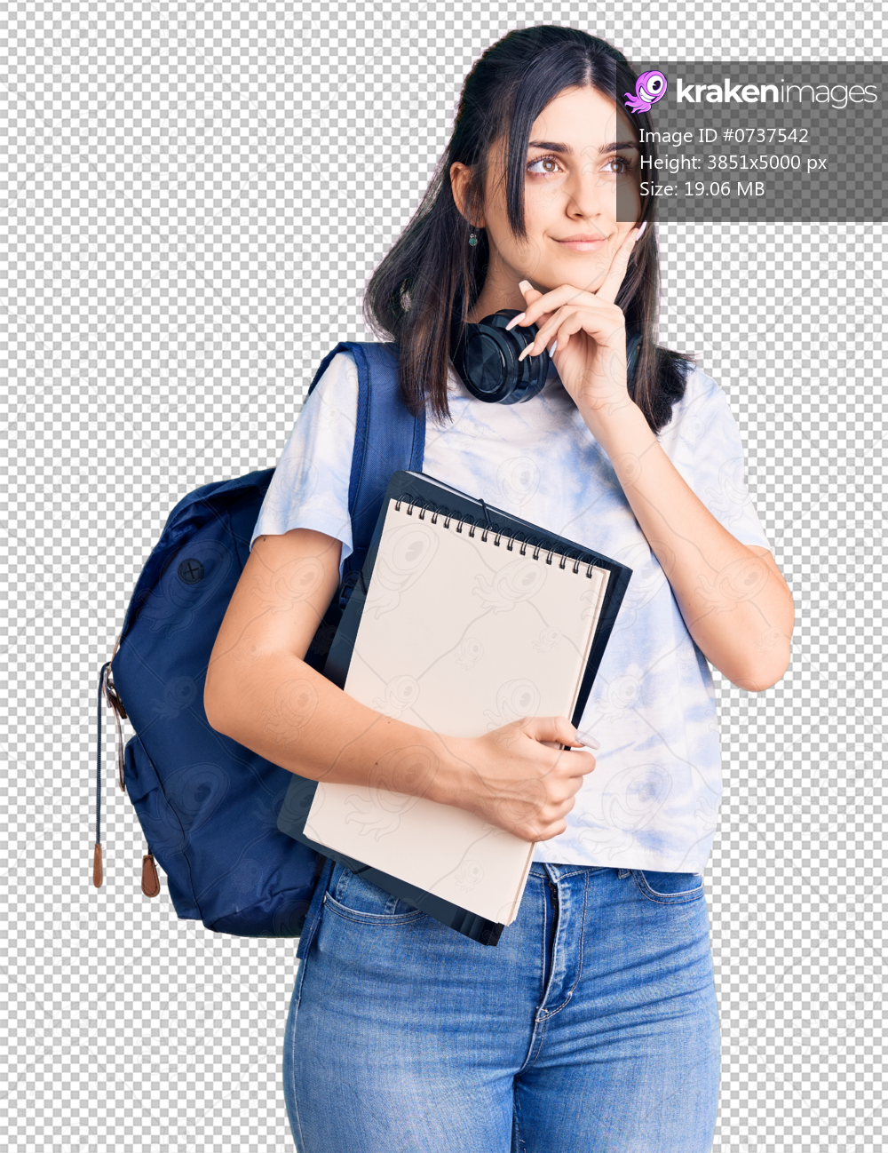 Young beautiful girl wearing student backpack holding notebook serious face thinking about question with hand on chin, thoughtful about confusing idea