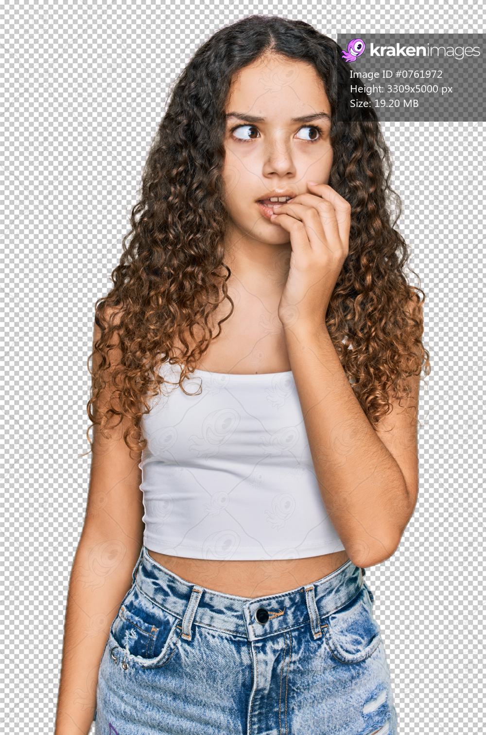 Teenager hispanic girl wearing casual clothes looking stressed and nervous with hands on mouth biting nails. anxiety problem.