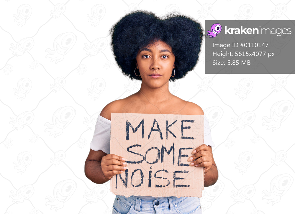 Young african american girl holding make some noise banner thinking attitude and sober expression looking self confident 