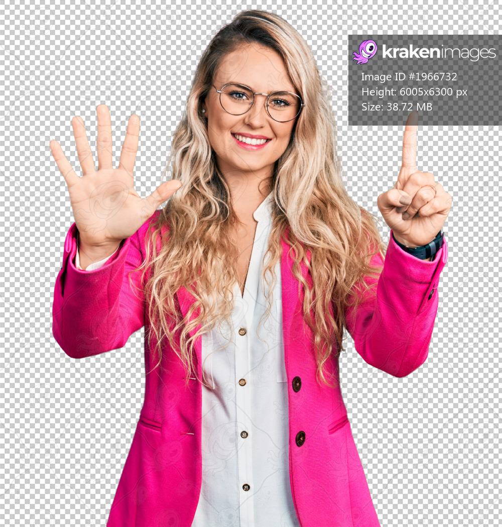 Young blonde woman wearing business style and glasses showing and pointing up with fingers number six while smiling confident and happy.