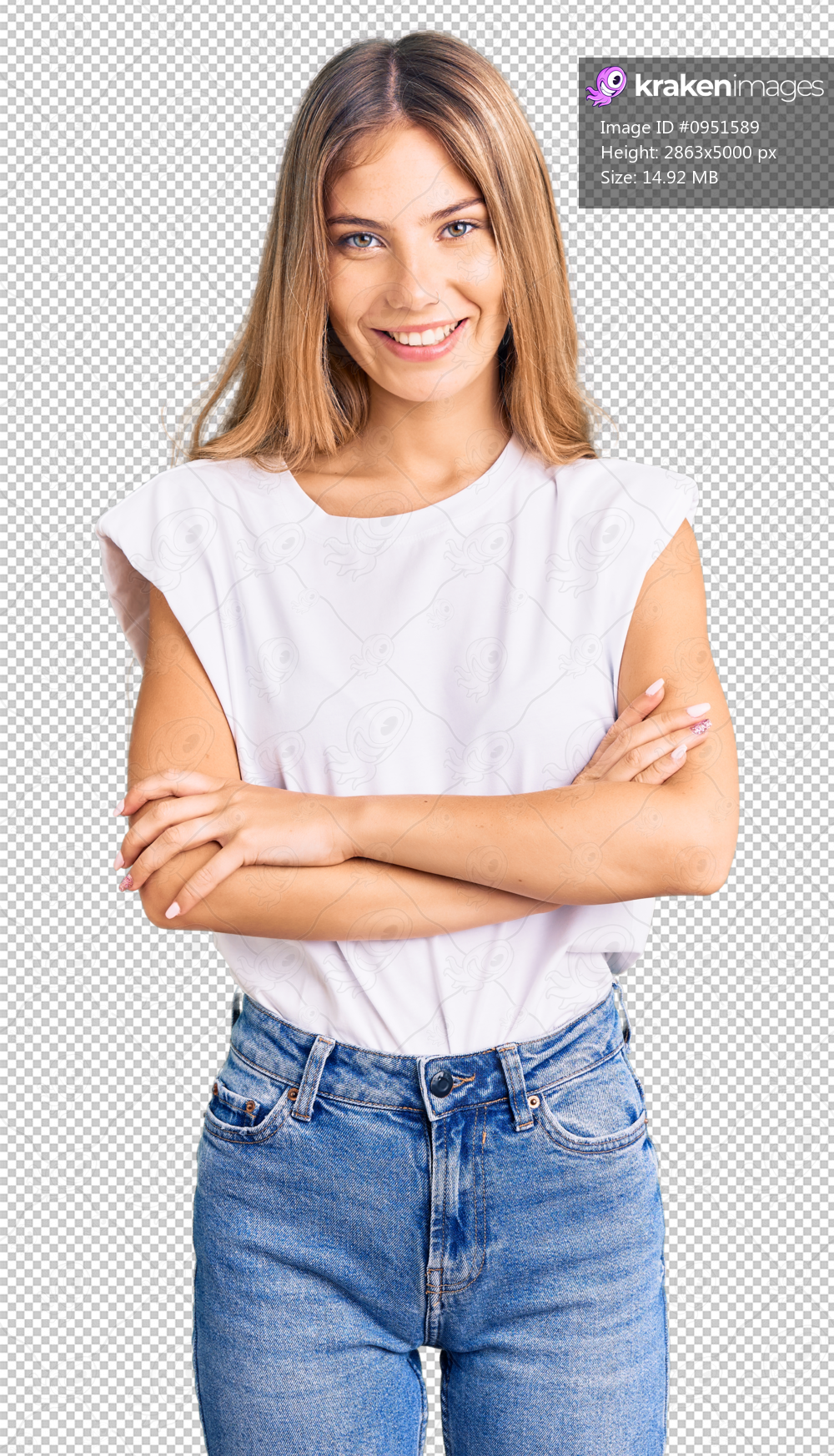 Beautiful caucasian woman with blonde hair wearing casual white tshirt happy face smiling with crossed arms looking at the camera. positive person.