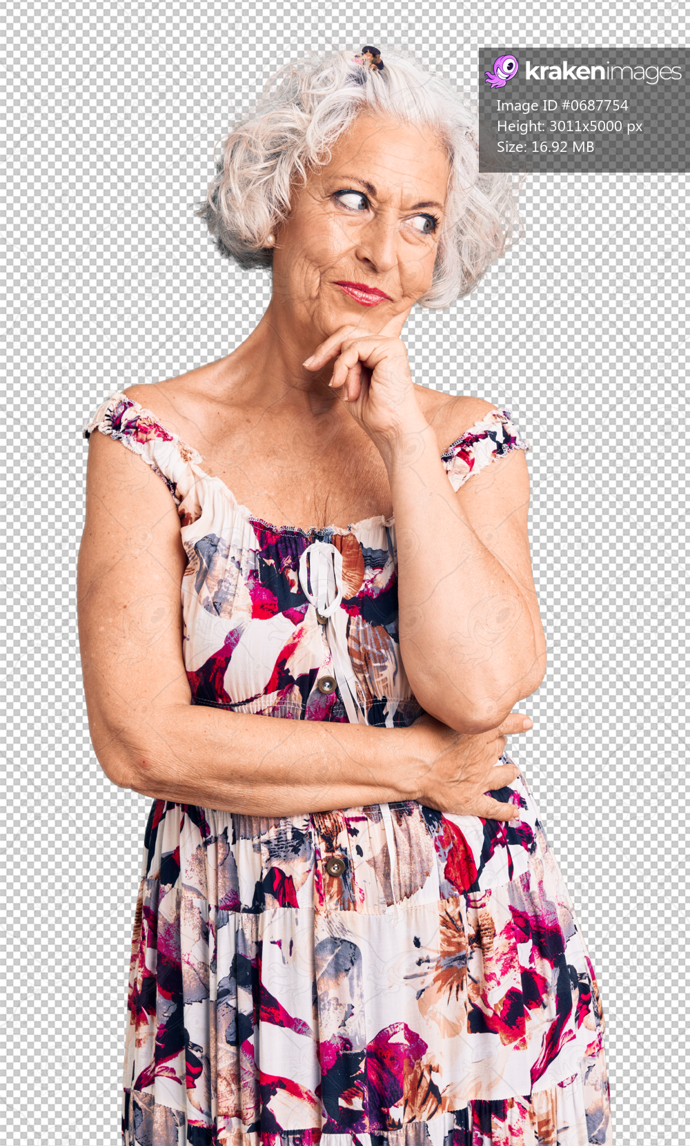 Senior grey-haired woman wearing casual clothes with hand on chin thinking about question, pensive expression. smiling with thoughtful face. doubt concept.