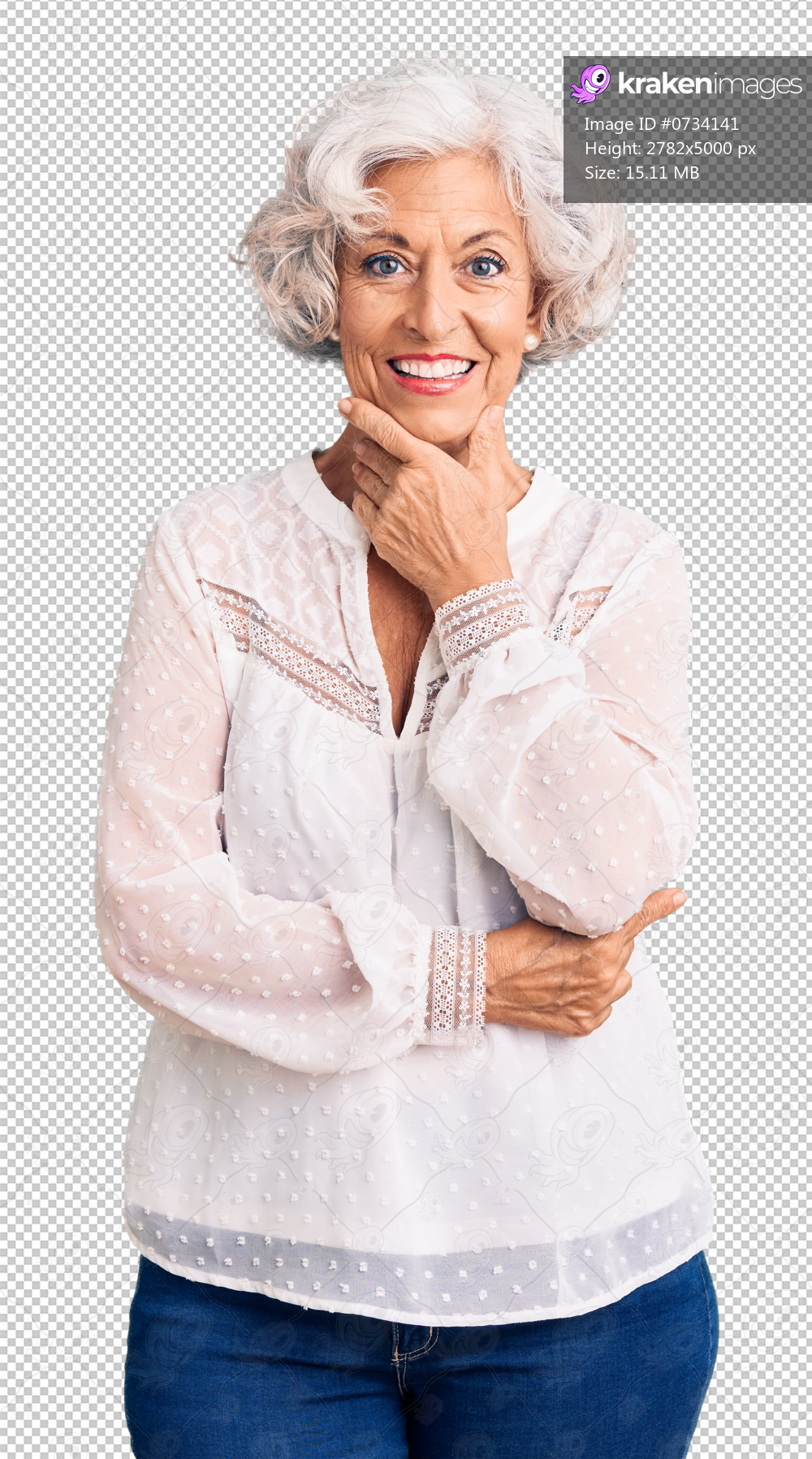 Senior grey-haired woman wearing casual clothes looking confident at the camera smiling with crossed arms and hand raised on chin. thinking positive.