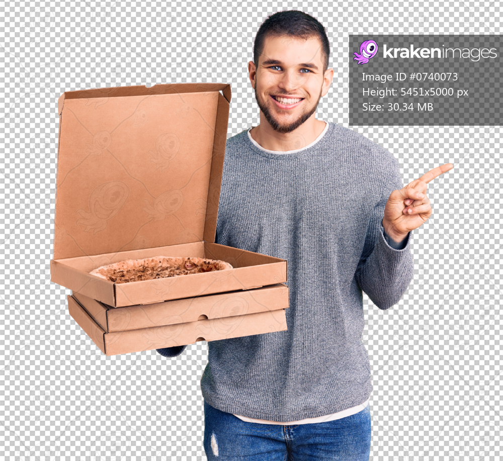 Young handsome man holding delivery italian pizza boxes smiling happy pointing with hand and finger to the side