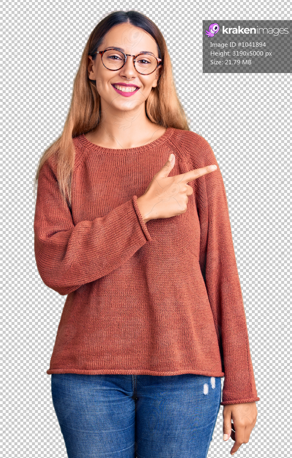Beautiful young woman wearing casual clothes and glasses cheerful with a smile of face pointing with hand and finger up to the side with happy and natural expression on face